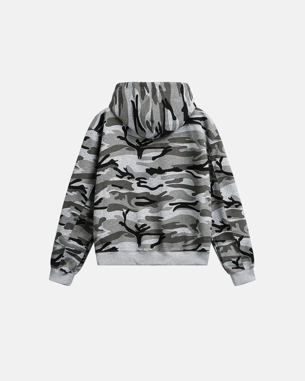 Cropped camouflage zip-up hoodie by Flation, featuring green and brown camo pattern, with a front zipper and hood.