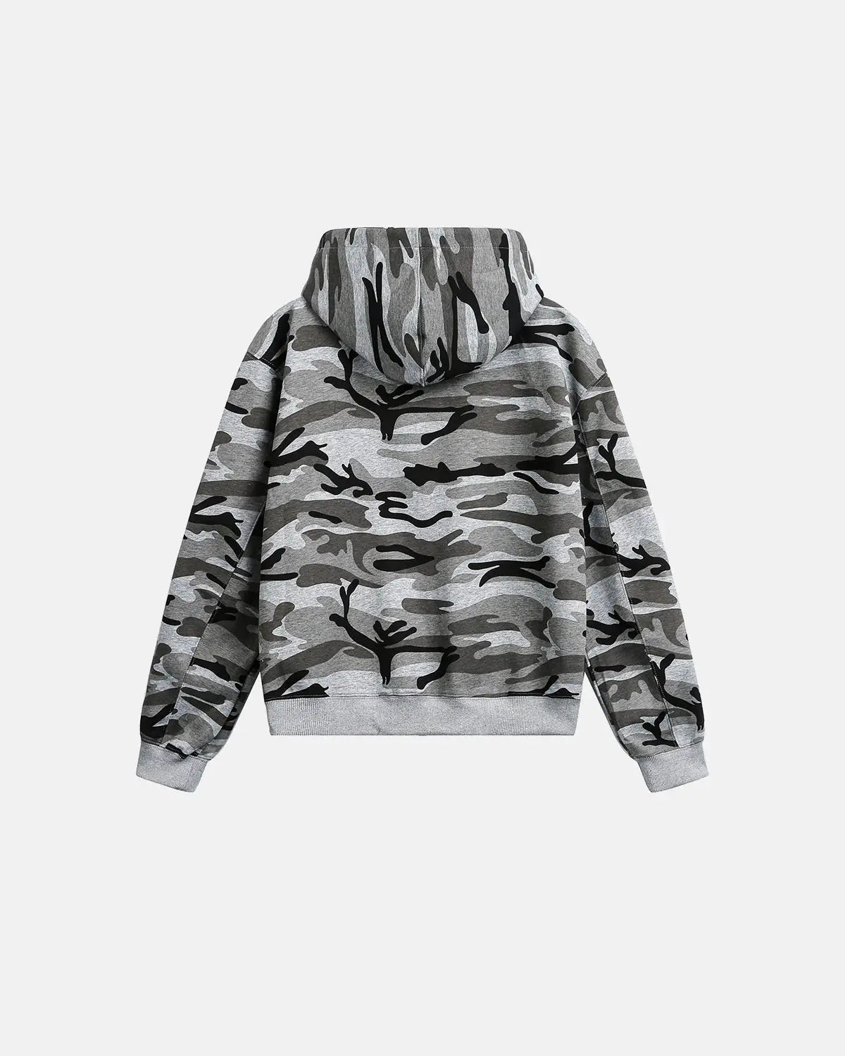 Cropped camouflage zip-up hoodie by Flation, featuring green and brown camo pattern, with a front zipper and hood.
