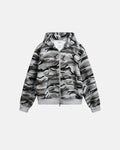 Cropped camouflage zip-up hoodie by Flation Streetwear featuring a green and brown camo pattern and drawstring hood.