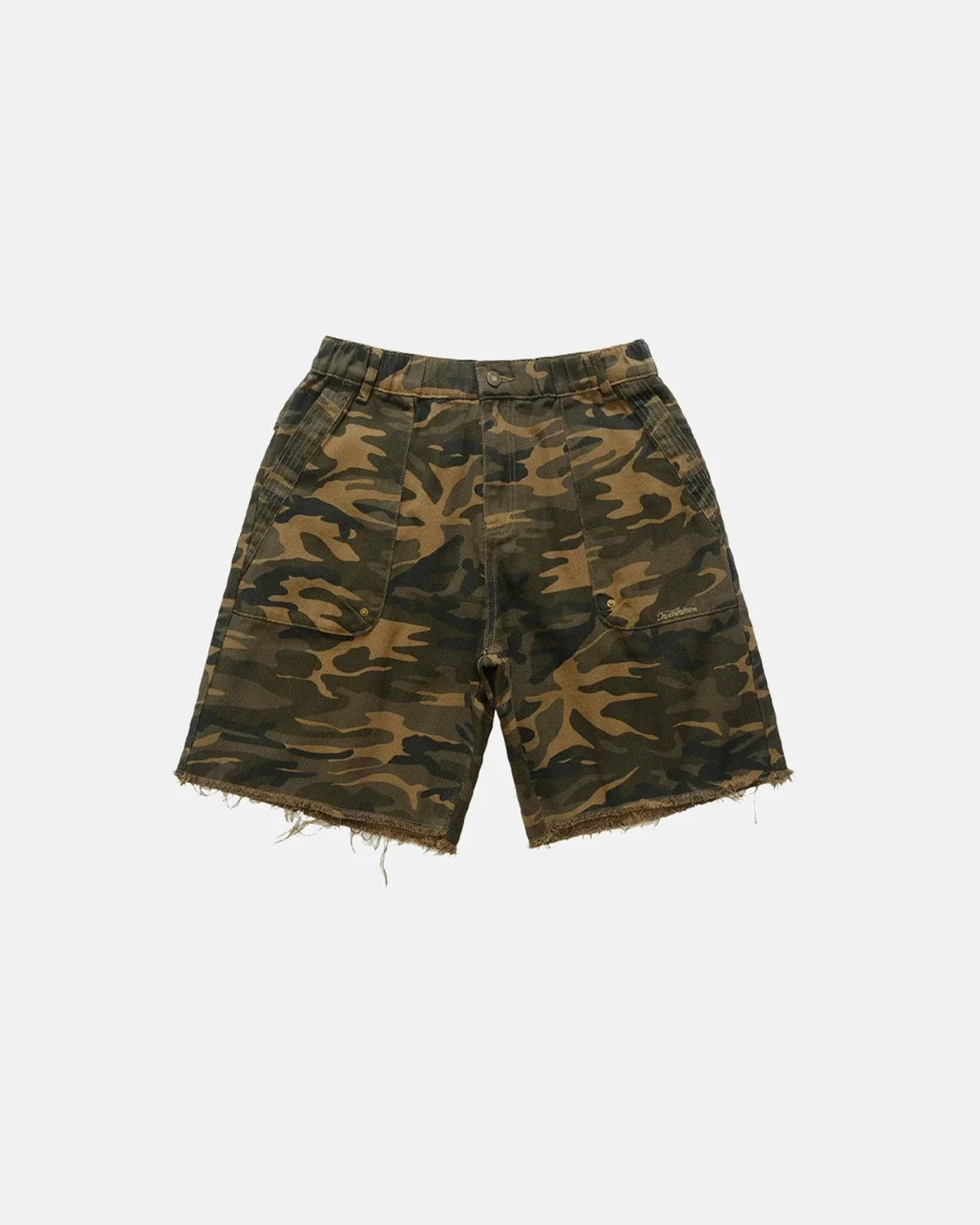 Flation Frayed Hem Camo Knee-Length Shorts for women, featuring a stylish camouflage pattern and distressed hem detail.