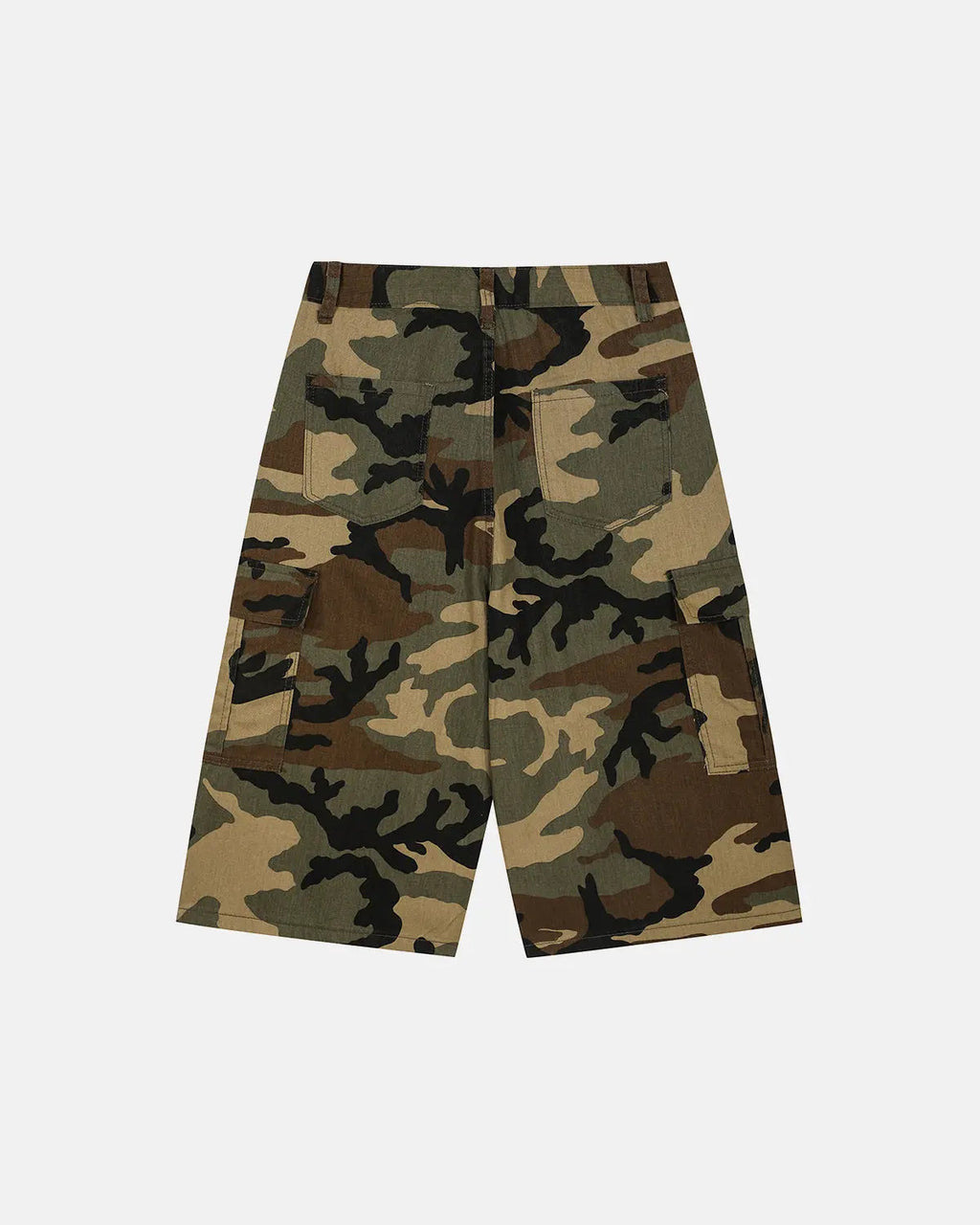 Camo cargo longline shorts from Flation Streetwear featuring a camouflage print, multiple pockets, and a relaxed fit.