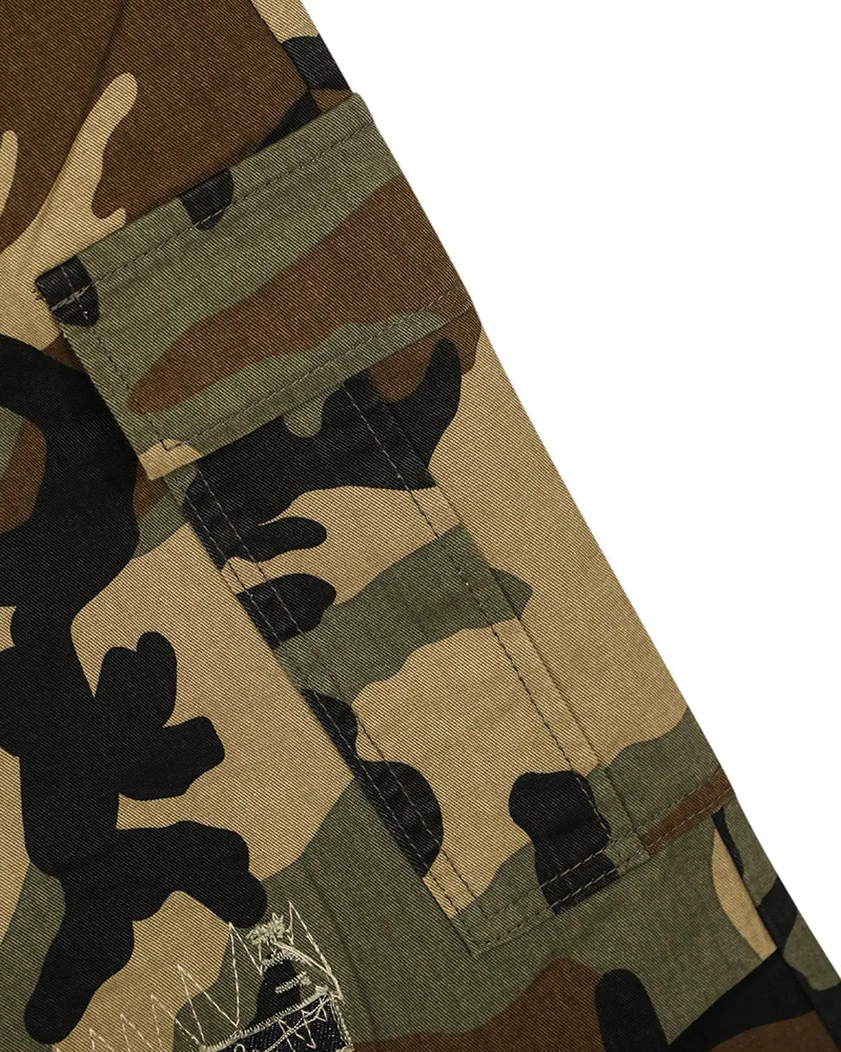 Camo cargo longline shorts by Flation Streetwear featuring a camo pattern, relaxed fit, and utility-style pockets.