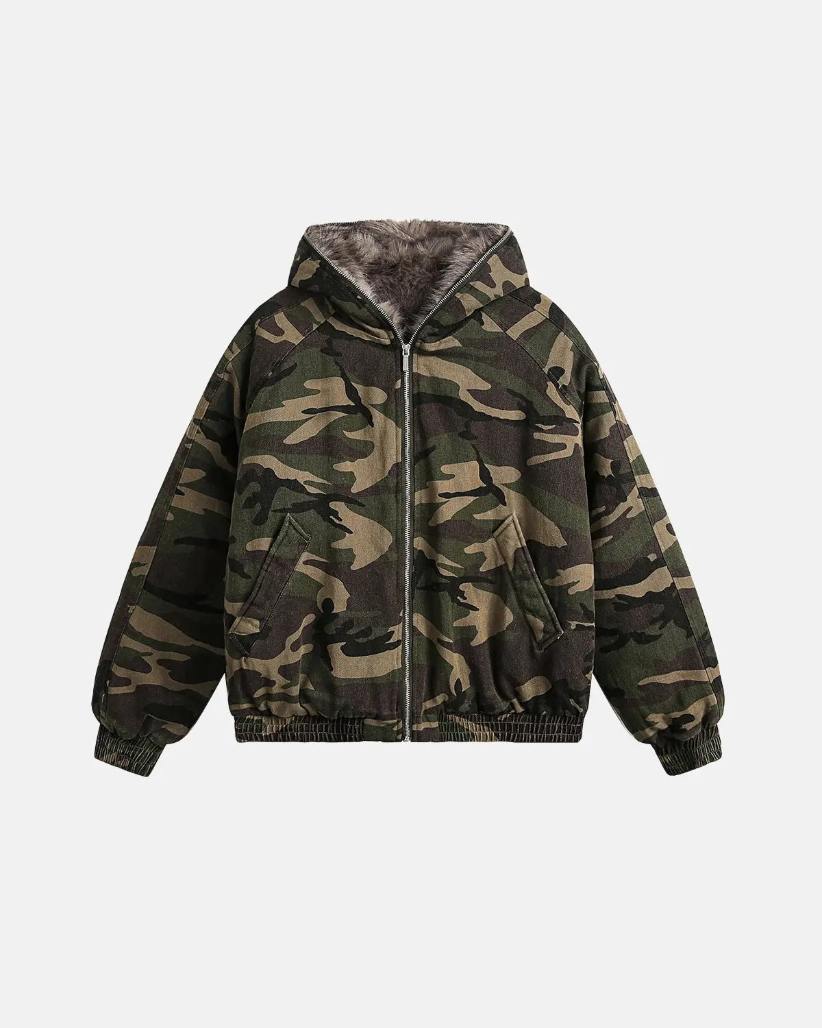 Camo faux fur-lined bomber jacket by Flation Streetwear with camouflage pattern and cozy fur lining.