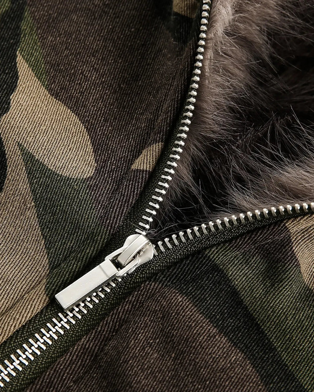 Camo faux fur-lined bomber jacket by Flation Streetwear featuring a camouflage pattern and warm fur lining.