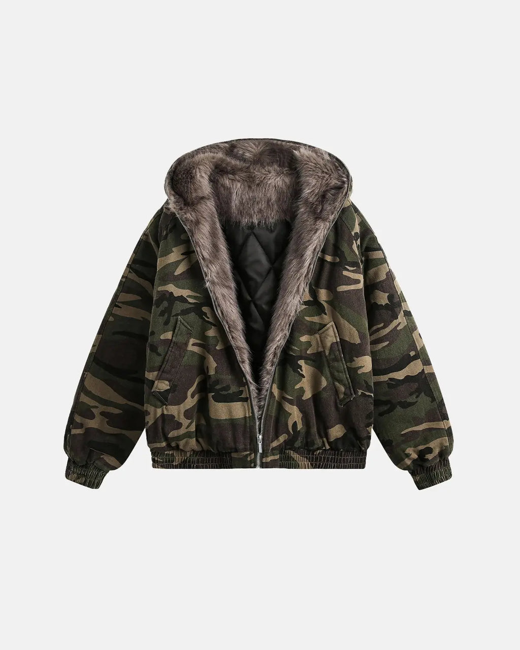 Camo faux fur lined bomber jacket by Flation Streetwear, featuring camouflage pattern and cozy fur lining for street style comfort.