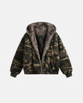 Camo faux fur lined bomber jacket by Flation Streetwear, featuring camouflage pattern and cozy fur lining for street style comfort.