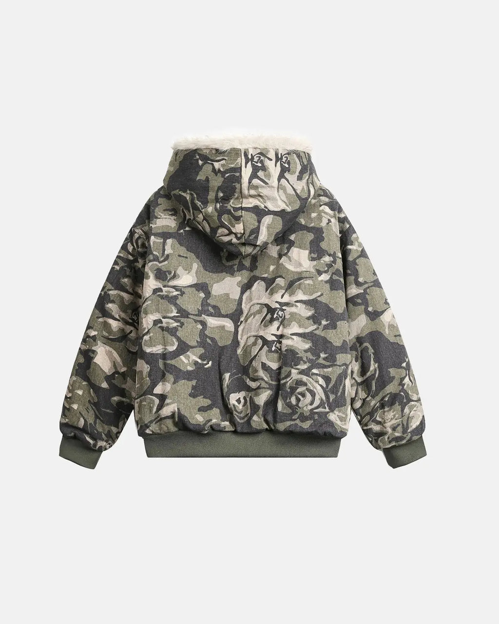 Camo faux fur padded hooded jacket by Flation Streetwear featuring camouflage print and cozy fur-lined hood.