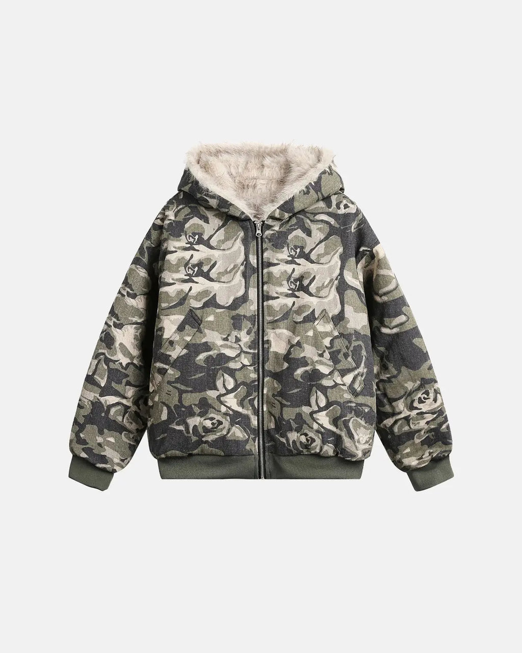 Camo faux fur padded hooded jacket by Flation Streetwear featuring camouflage pattern and cozy fur lining.