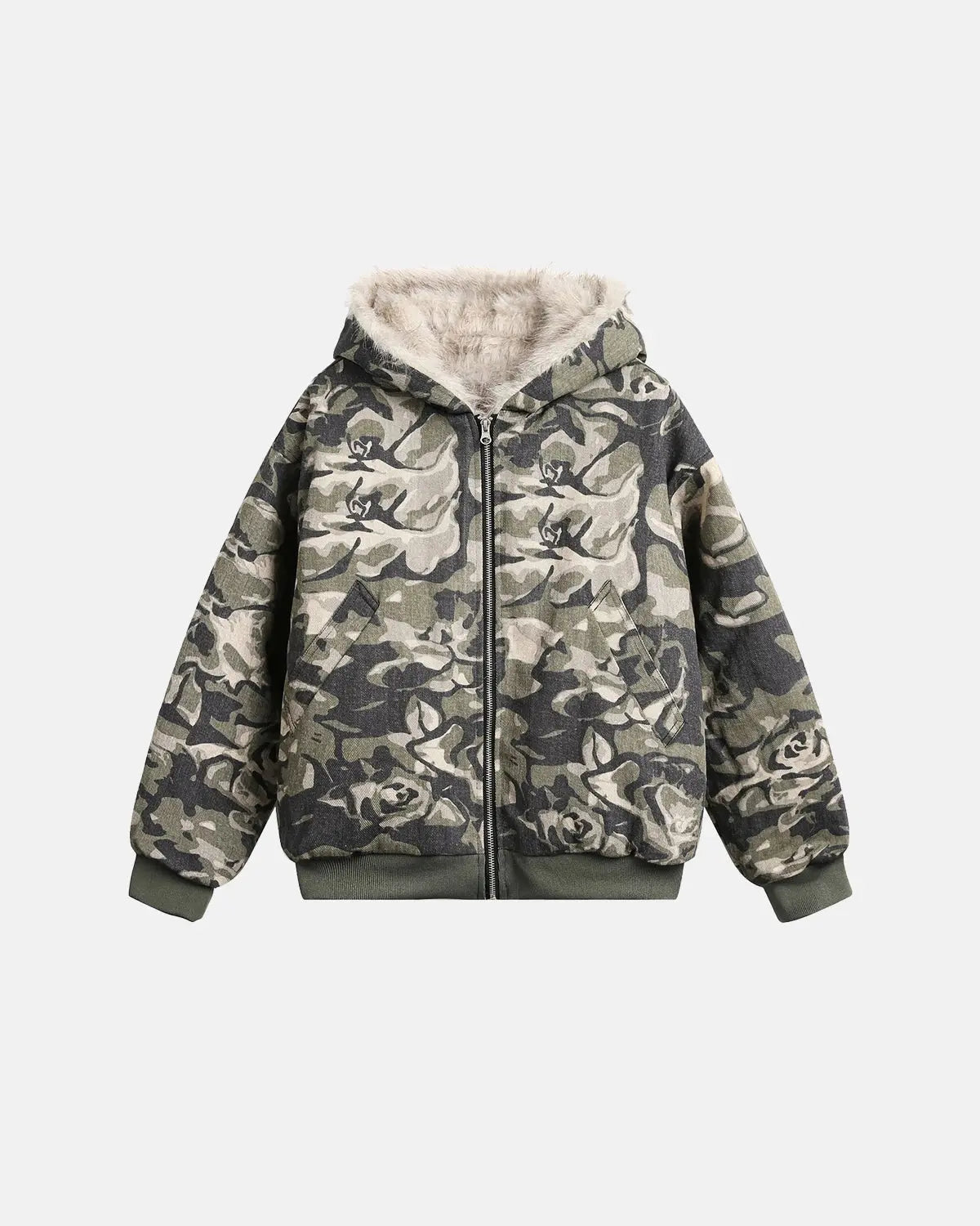 Camo faux fur padded hooded jacket by Flation Streetwear featuring camouflage pattern and cozy fur lining.