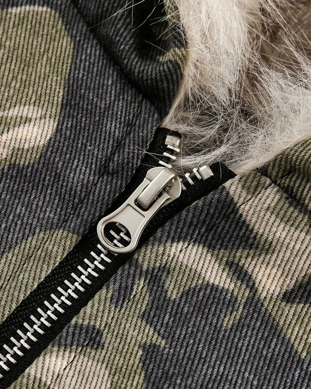 Camo faux fur padded hooded jacket by Flation Streetwear, featuring camouflage print and cozy fur lining.