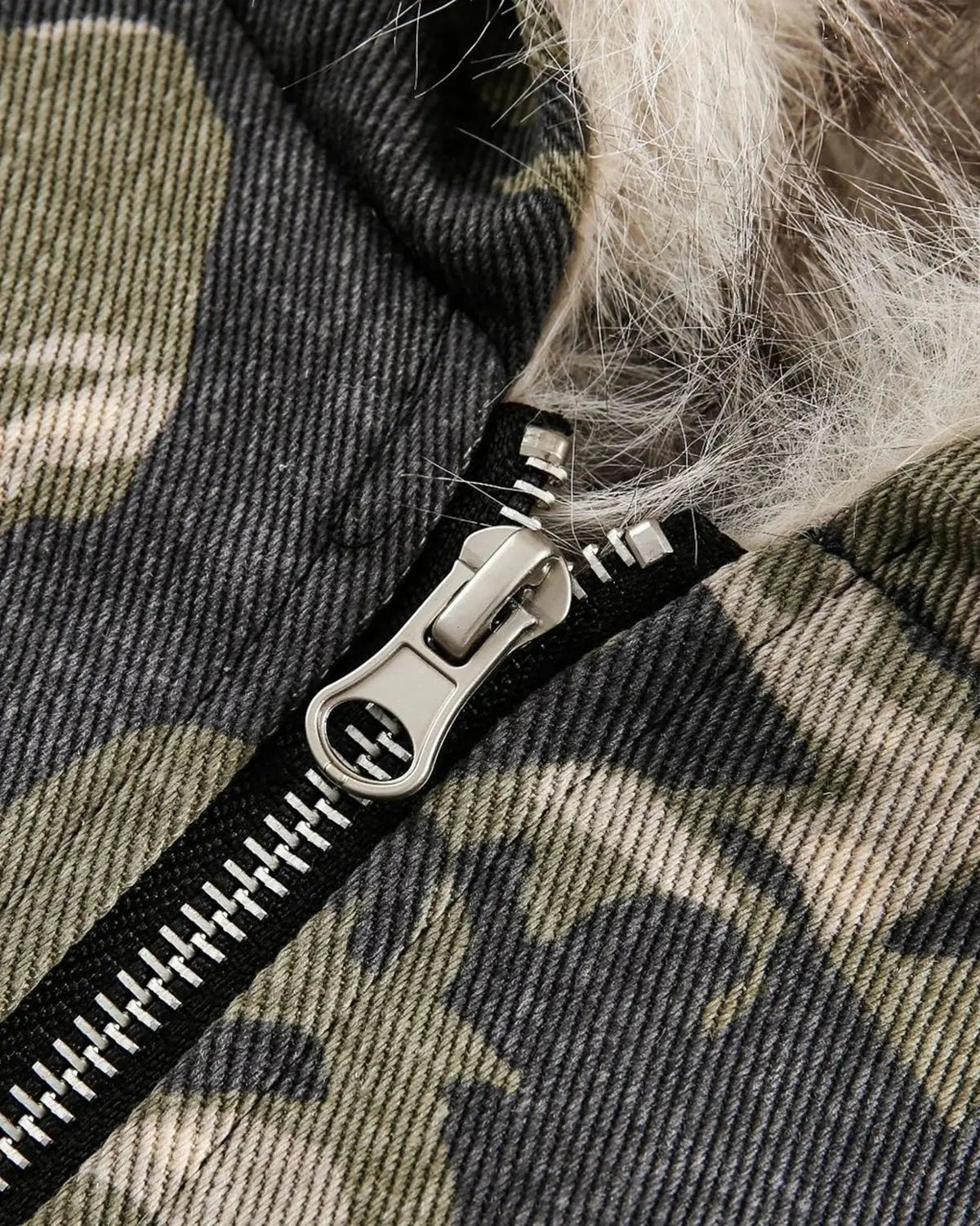 Camo faux fur padded hooded jacket by Flation Streetwear, featuring camouflage print and cozy fur lining.