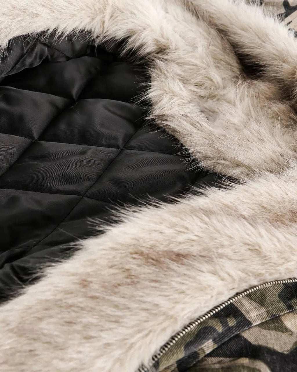 Camo faux fur padded hooded jacket by Flation Streetwear with camouflage pattern and cozy fur lining.