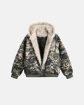 Camo faux fur padded hooded jacket by Flation Streetwear featuring a camo pattern and cozy faux fur trim.