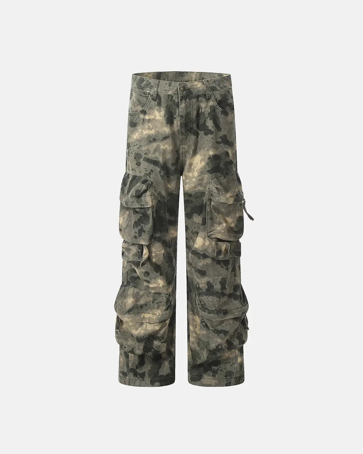 Camo multi-pocket baggy cargo pants by Flation Streetwear featuring relaxed fit, multiple pockets, and camouflage pattern.