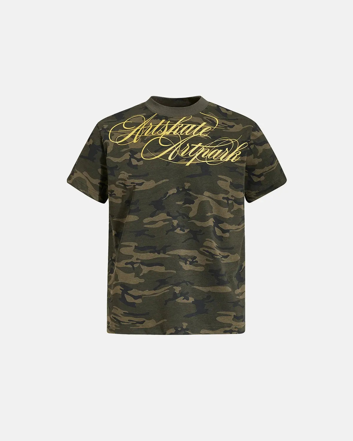 Camo Script Boxy T-Shirt by Flation Streetwear featuring a camouflage pattern and bold script logo on a relaxed fit shirt.