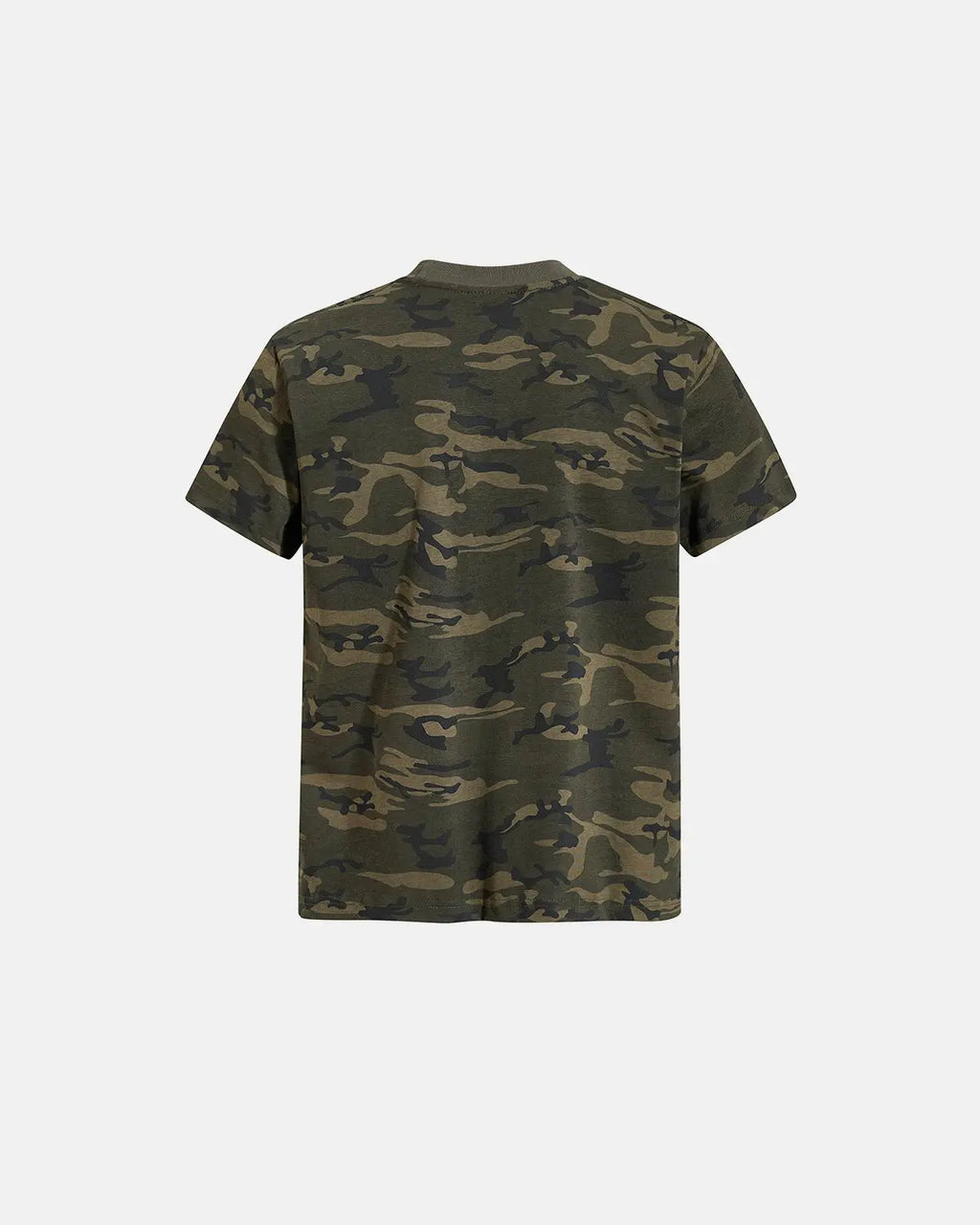 Camo script boxy T-shirt from Flation Streetwear featuring camouflage pattern and bold graphic lettering.