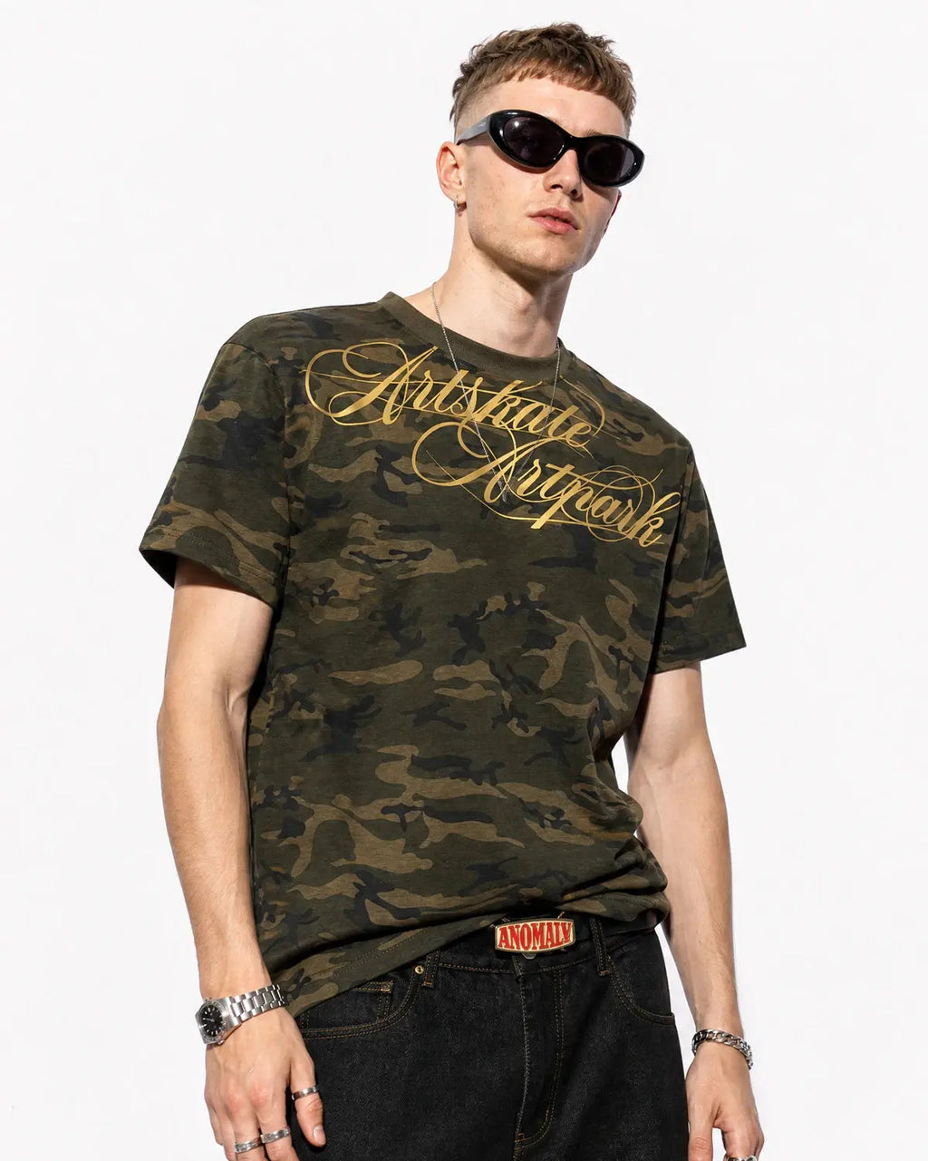Camo Script Boxy T-Shirt by Flation Streetwear featuring camouflage pattern and bold script logo on a relaxed fit casual tee.
