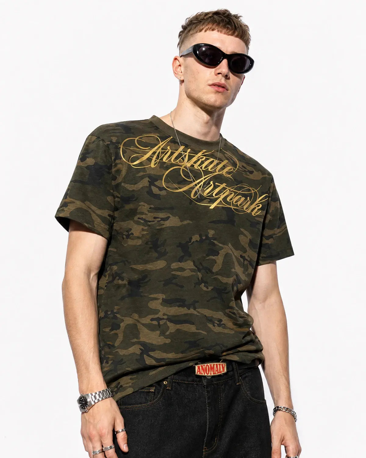 Camo Script Boxy T-Shirt by Flation Streetwear featuring camouflage pattern and bold script logo on a relaxed fit casual tee.