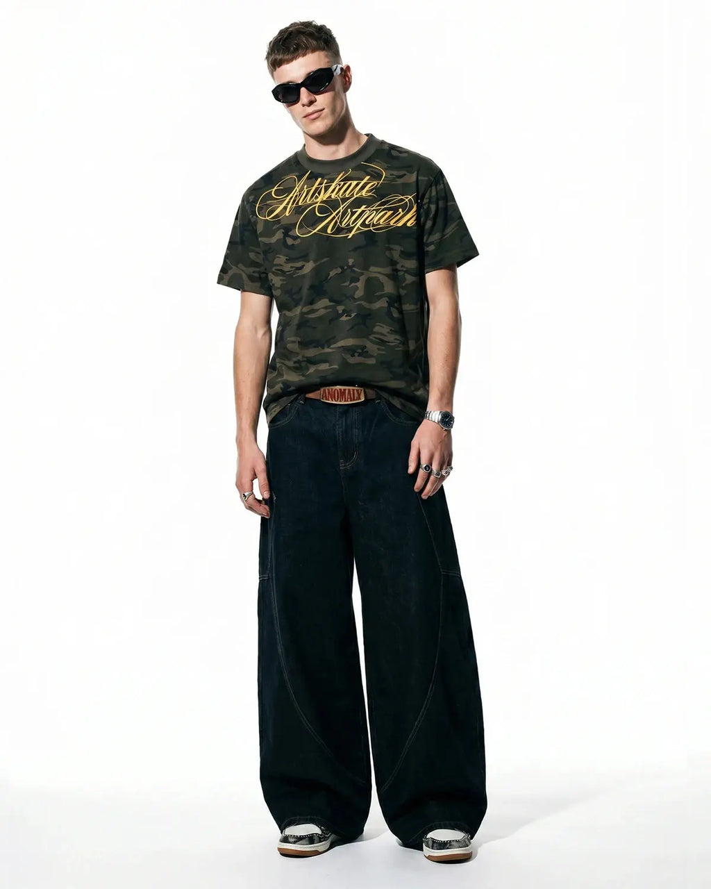 Camo Script Boxy T-Shirt by Flation Streetwear featuring a camo print with bold script logo in a relaxed boxy fit.