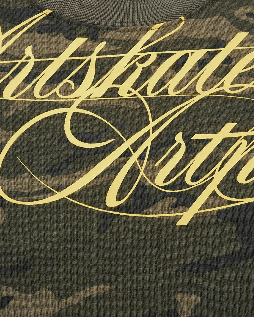 Camo Script Boxy T-Shirt by Flation Streetwear featuring a relaxed fit with camouflage and bold script design on the front.