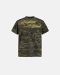 Camo Script Boxy T-Shirt by Flation Streetwear with bold camo print and relaxed fit, featuring stylish script design on the front.