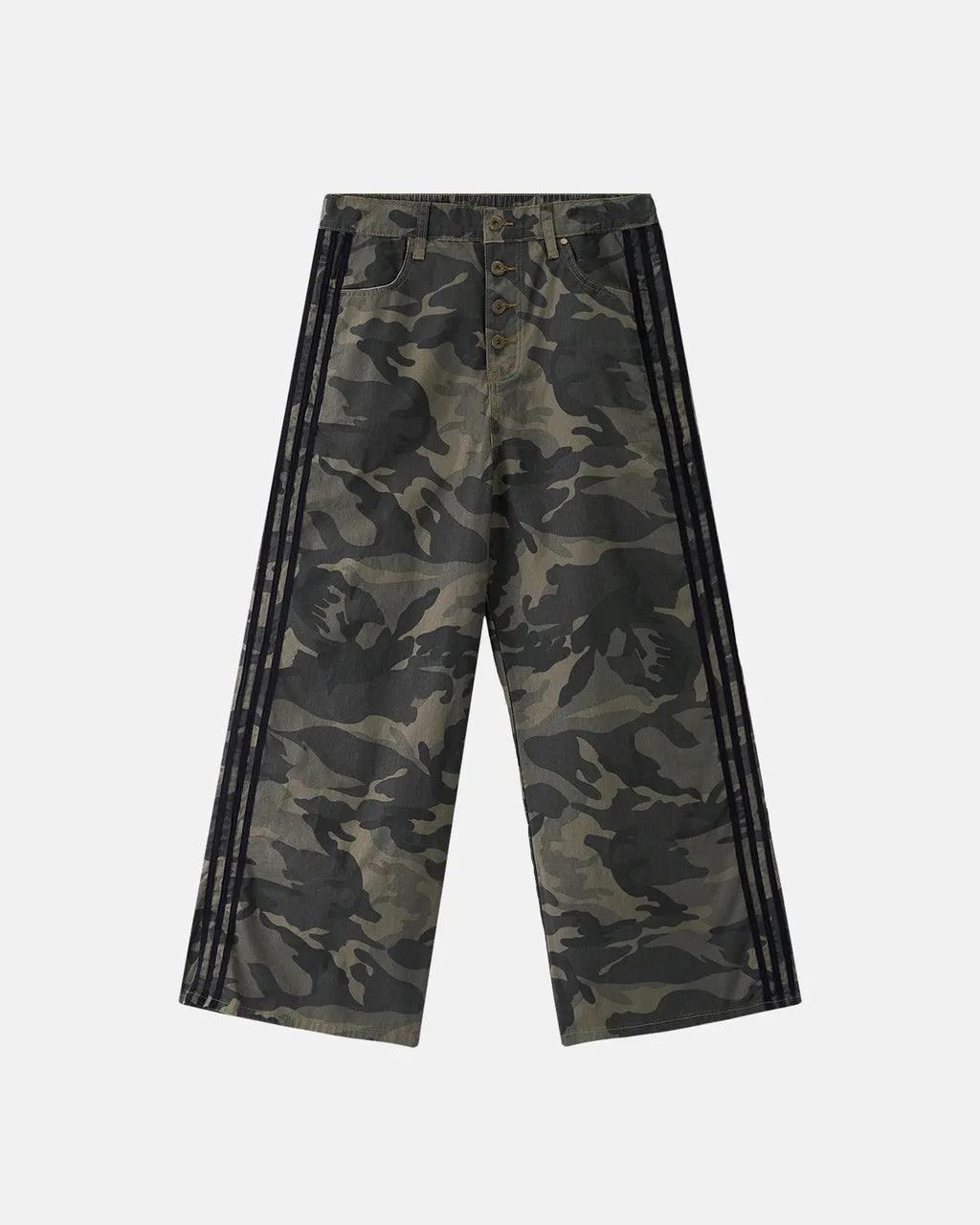Flation camo side stripe wide-leg pants featuring a relaxed fit and streetwear style with bold camouflage pattern.