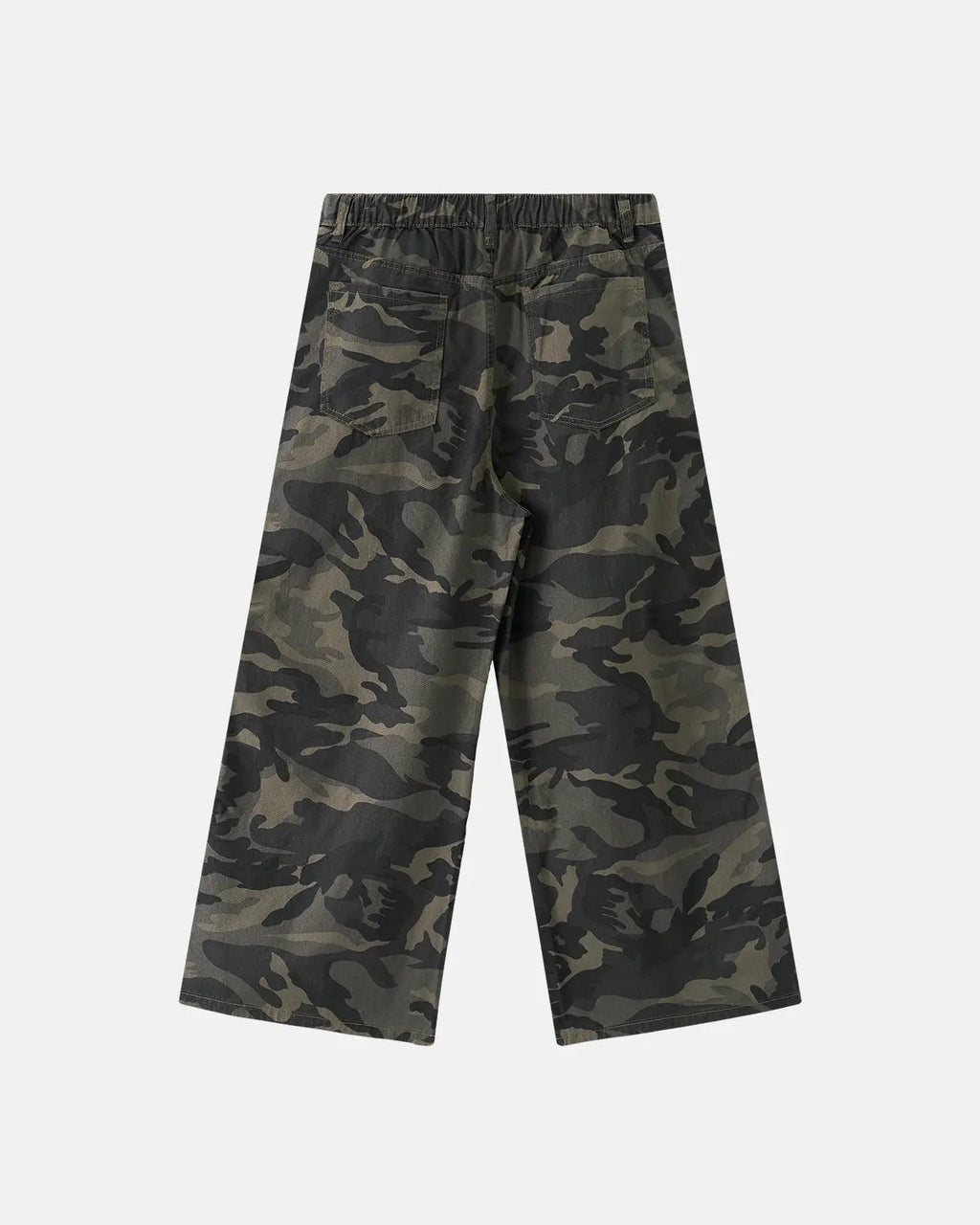 Camo side stripe wide-leg pants by Flation streetwear, featuring camouflage pattern and relaxed fit for casual style.