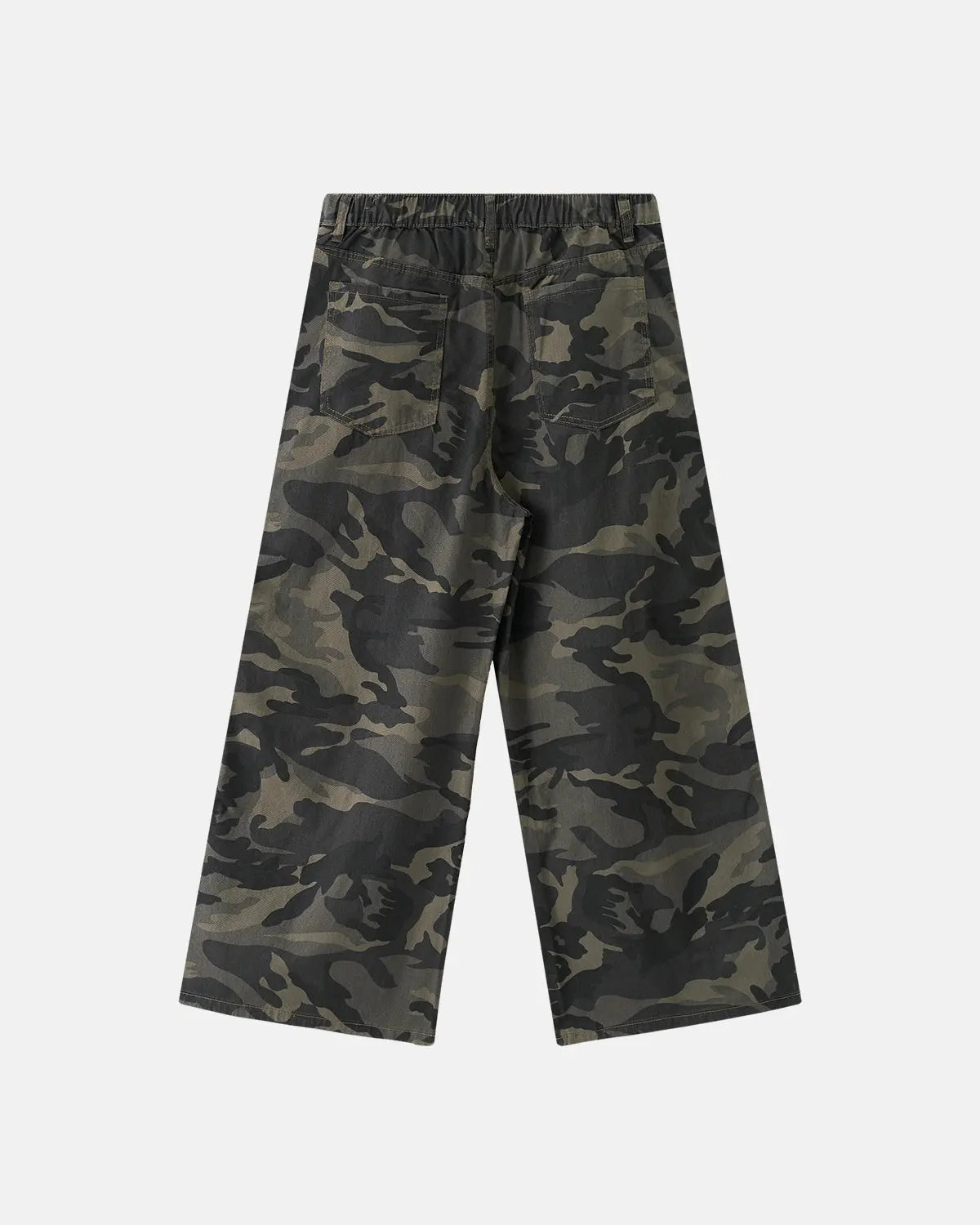 Camo side stripe wide-leg pants by Flation streetwear, featuring camouflage pattern and relaxed fit for casual style.