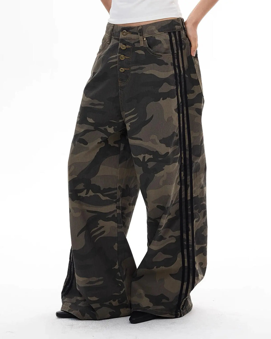 Flation camo side stripe wide-leg pants featuring a relaxed fit, camouflage pattern, and bold side stripe detail for streetwear style.