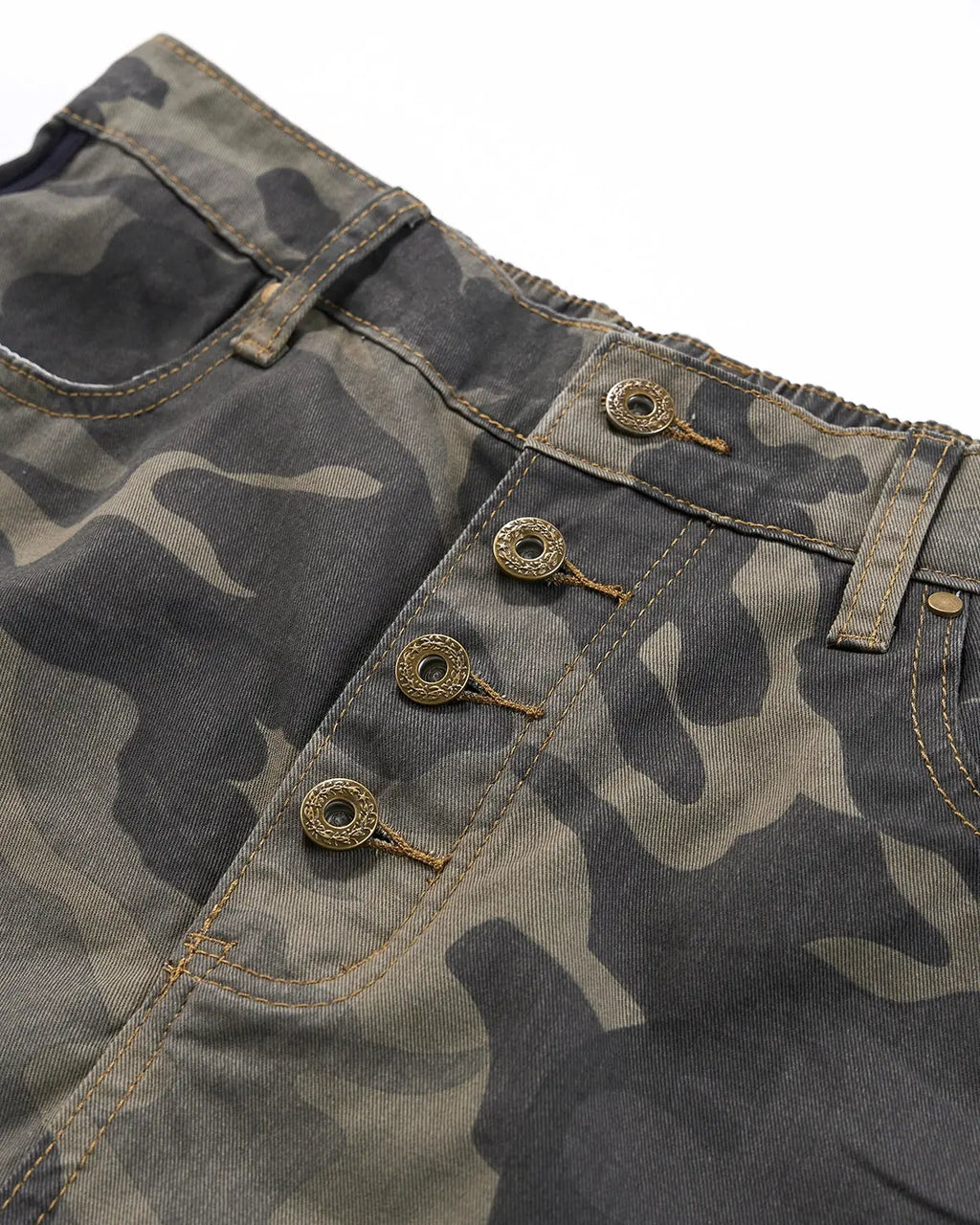 Camo side stripe wide-leg pants by Flation, featuring a relaxed fit and streetwear style with side stripe detail.