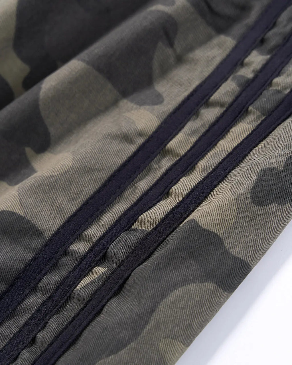 Flation camo side stripe wide-leg pants featuring a relaxed fit, streetwear style, with bold camouflage pattern and side stripe detail.