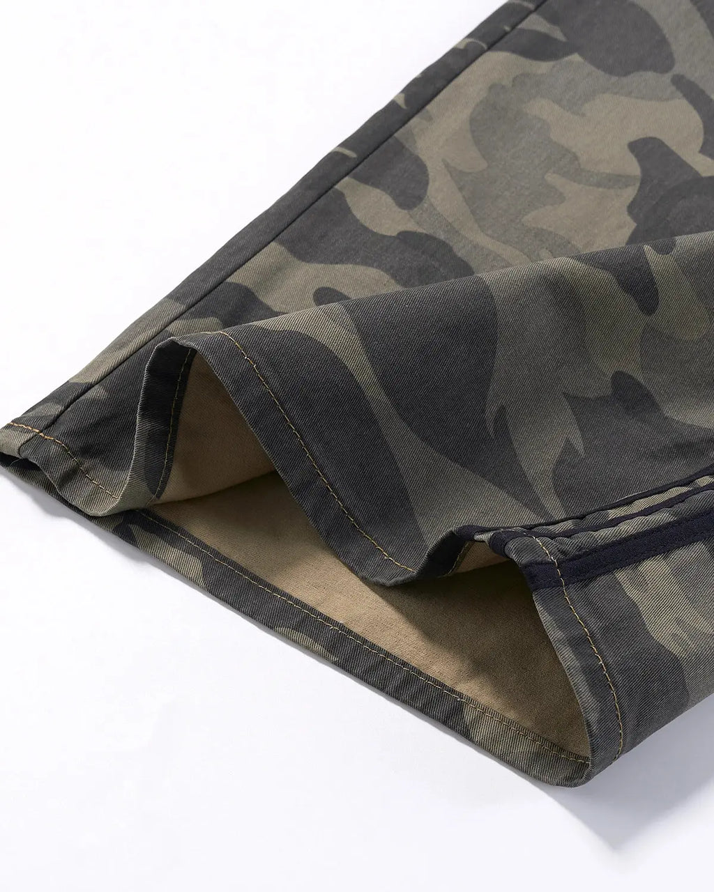 Camo side stripe wide-leg pants by Flation streetwear featuring a relaxed fit and camouflage pattern with side stripe detail.