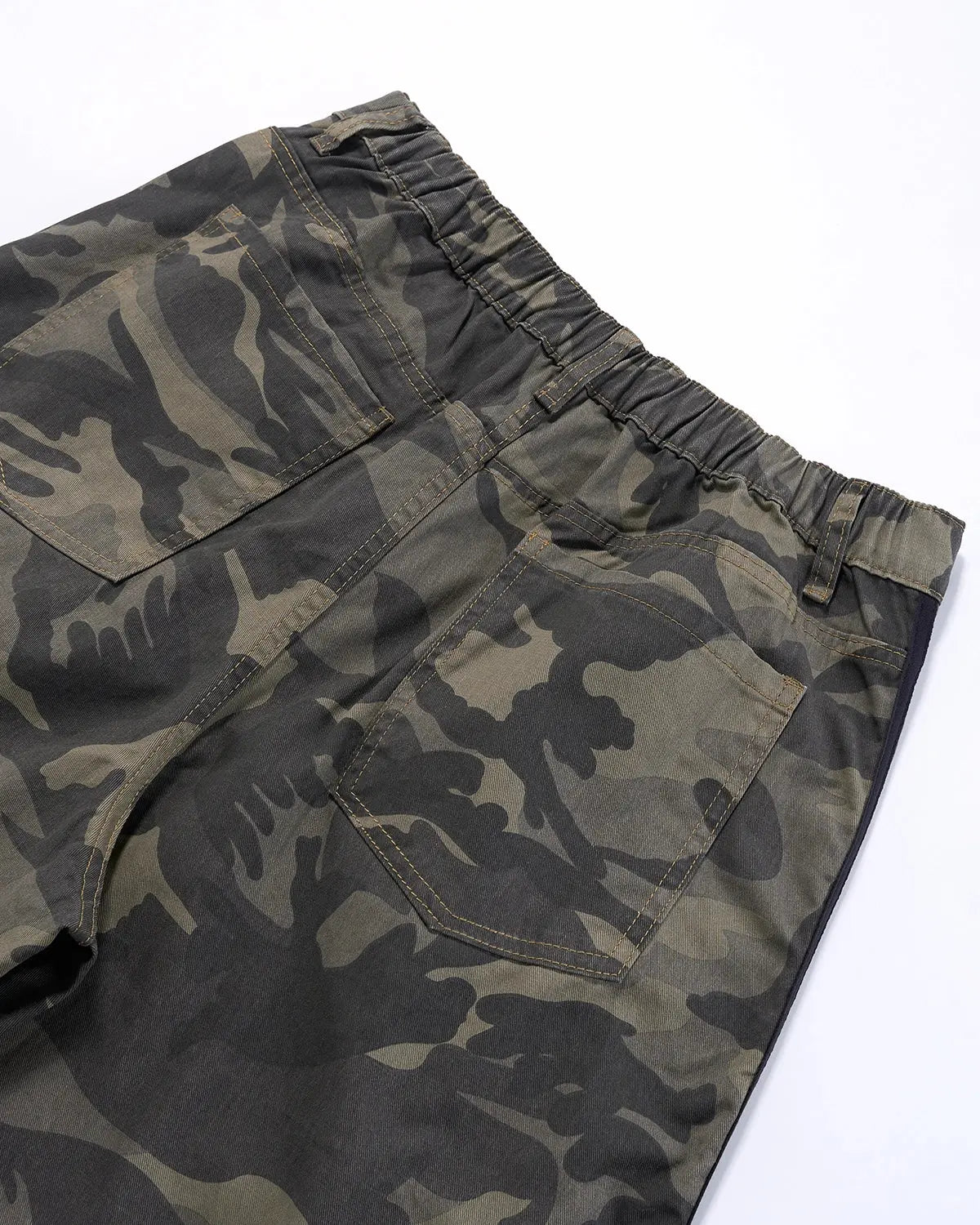 Camo side stripe wide-leg pants by Flation, featuring a relaxed fit and stylish camouflage pattern for streetwear looks.