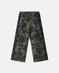 Camo side stripe wide-leg pants by Flation streetwear with relaxed fit and bold camo pattern, featuring contrasting side stripes.