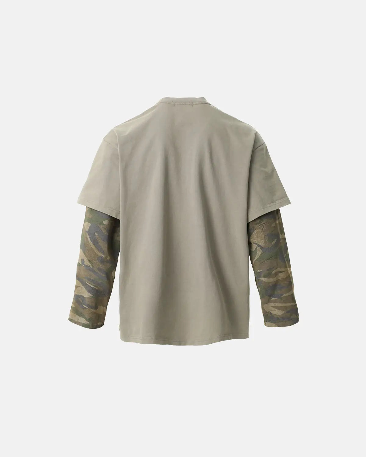 Camo sleeve layered graphic T-shirt by Flation Streetwear featuring camouflage design and streetwear style.