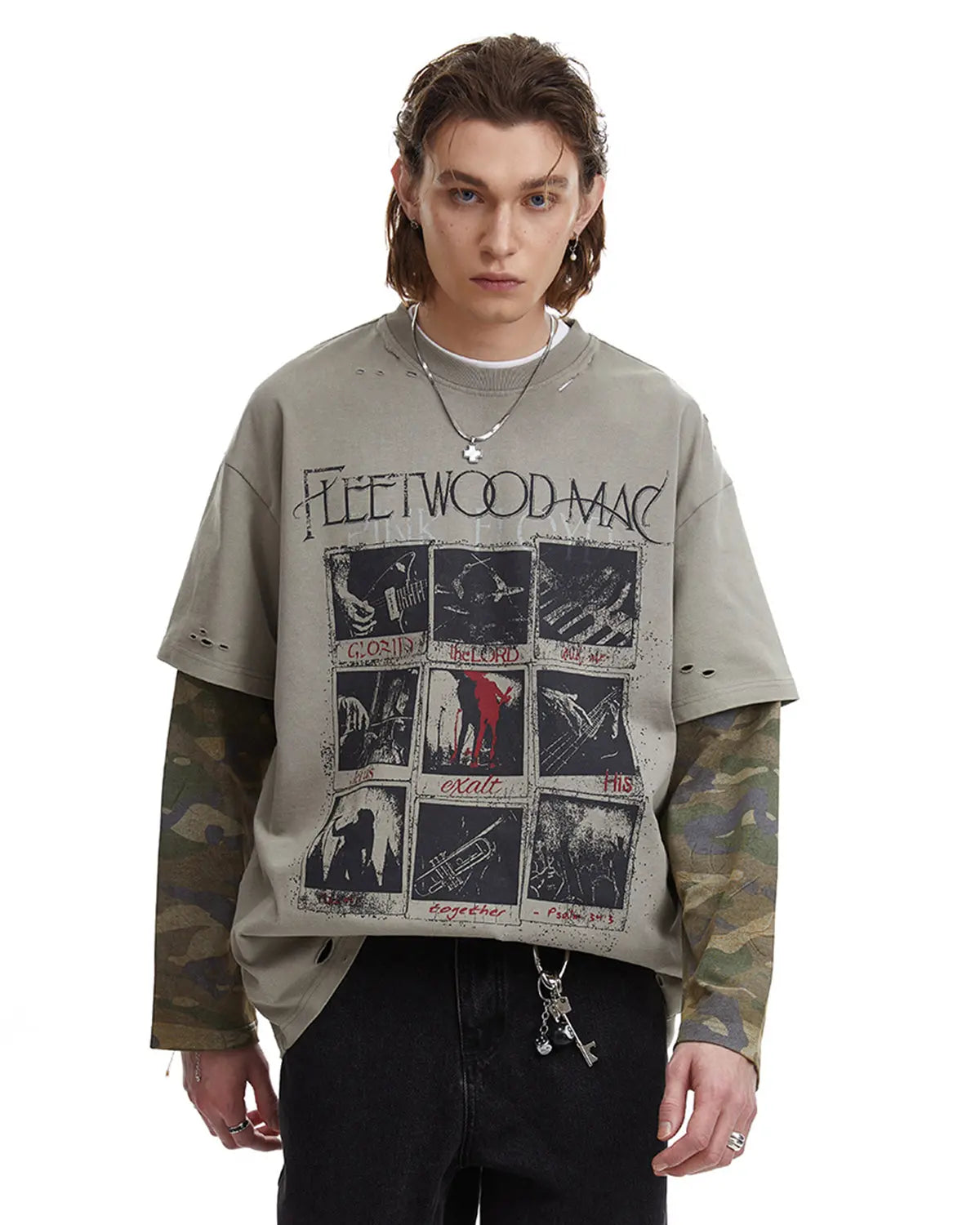 Camo Sleeve Layered Graphic T-Shirt by Flation Streetwear featuring a camo pattern and layered design, casual streetwear style.