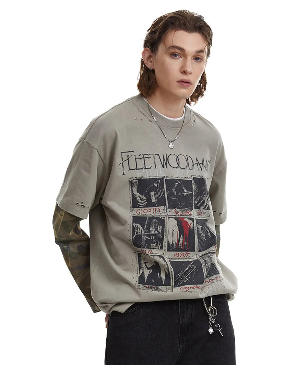 Camo sleeve layered graphic T-shirt by Flation Streetwear featuring camouflage pattern and bold graphic design.