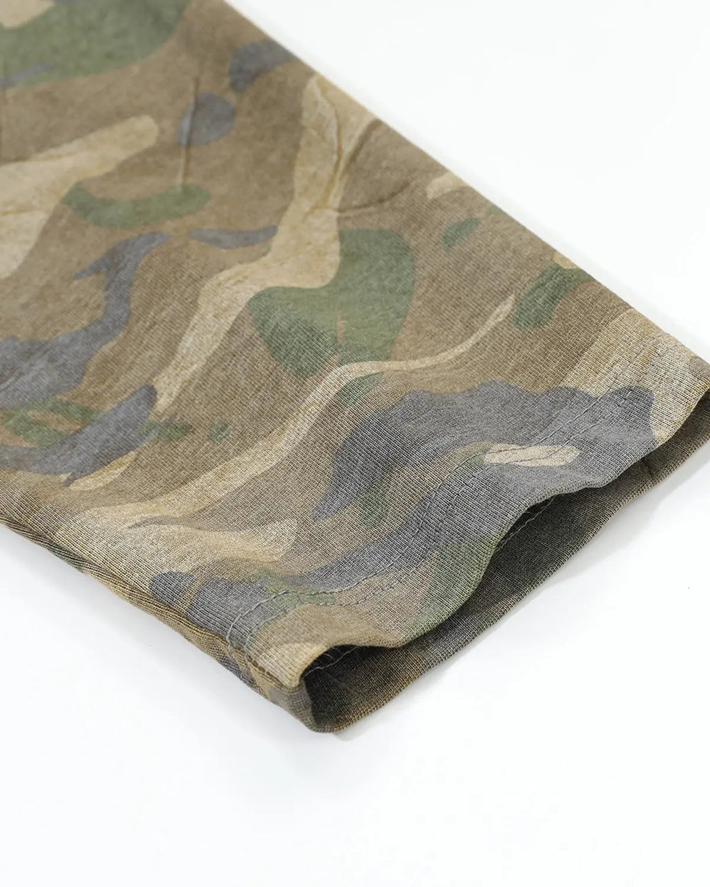 Camo sleeve layered graphic T-shirt by Flation Streetwear featuring camouflage pattern and bold graphic design on the front.