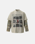 Camo sleeve layered graphic T-shirt by Flation Streetwear featuring camouflage print and bold graphic design on the front.