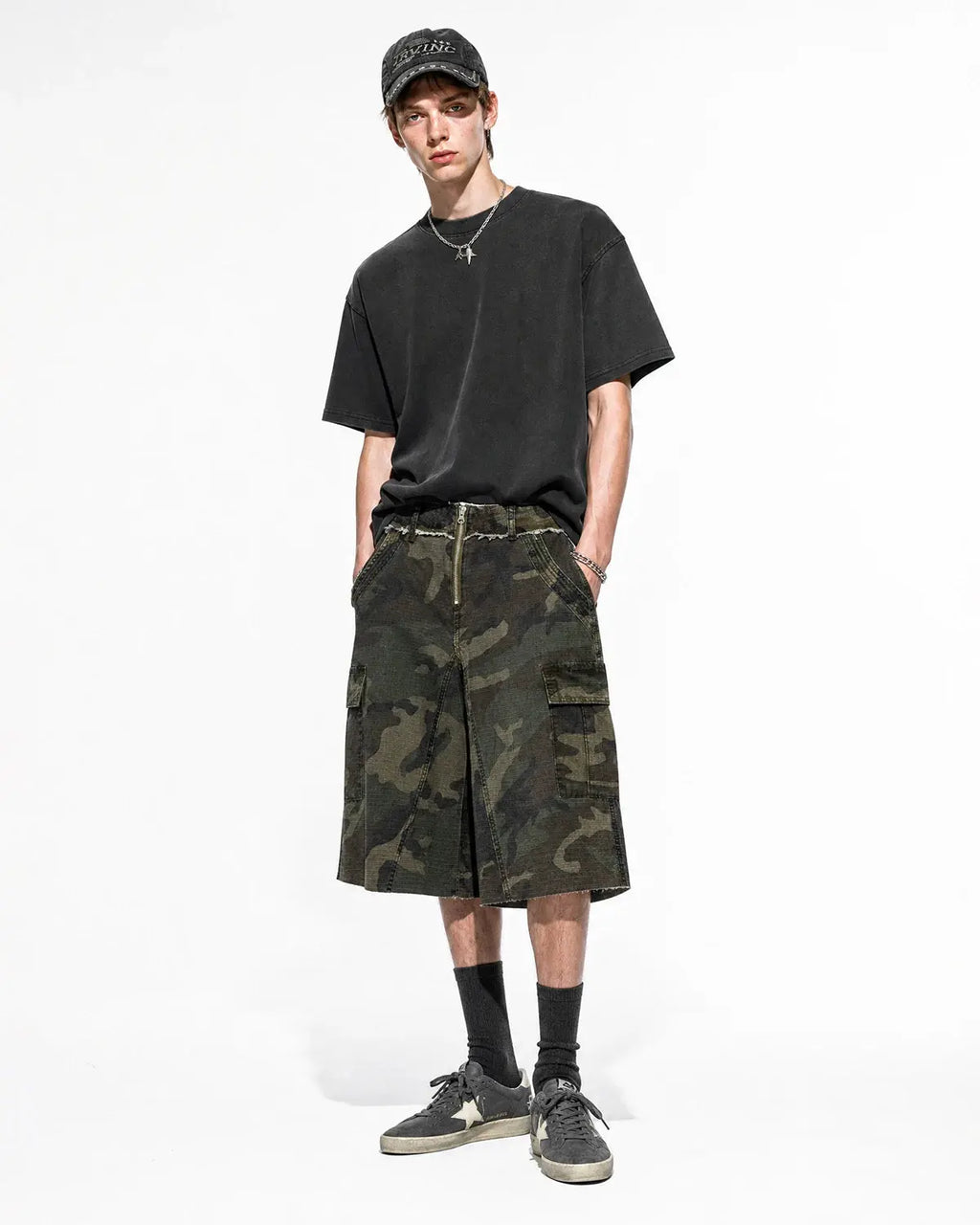 Camo utility longline shorts by Flation Streetwear featuring a camouflage pattern and functional cargo pockets.