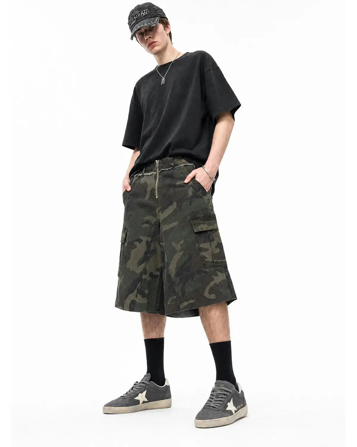 Camo utility longline shorts by Flation Streetwear featuring a camouflage pattern and relaxed fit for casual style.