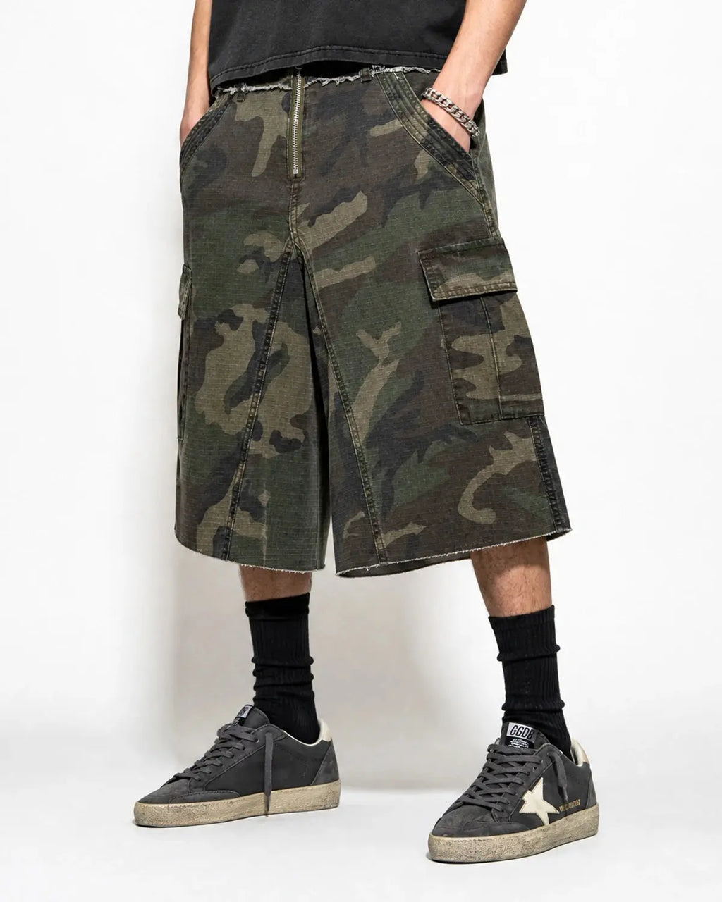 Camo utility longline shorts by Flation Streetwear with multiple pockets and a relaxed fit, featuring a camouflage pattern.
