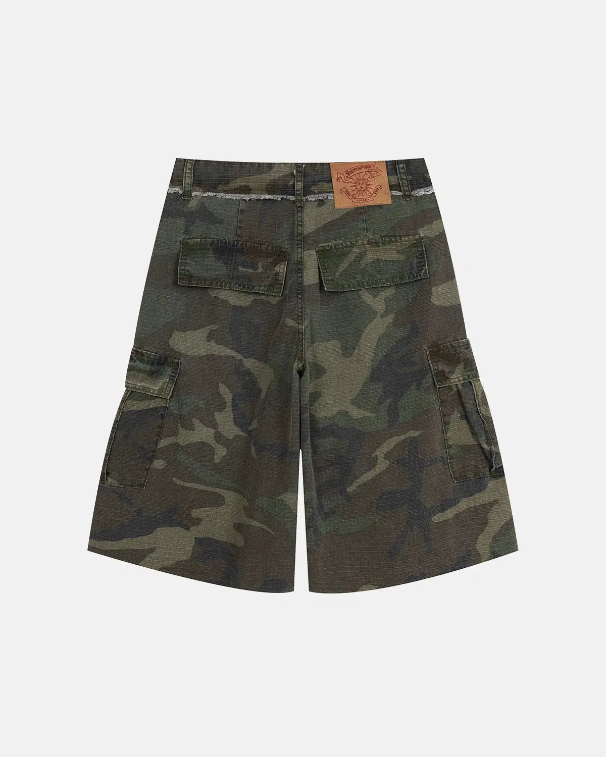 Camo utility longline shorts by Flation Streetwear featuring a camouflage pattern, multiple pockets, and a relaxed fit.