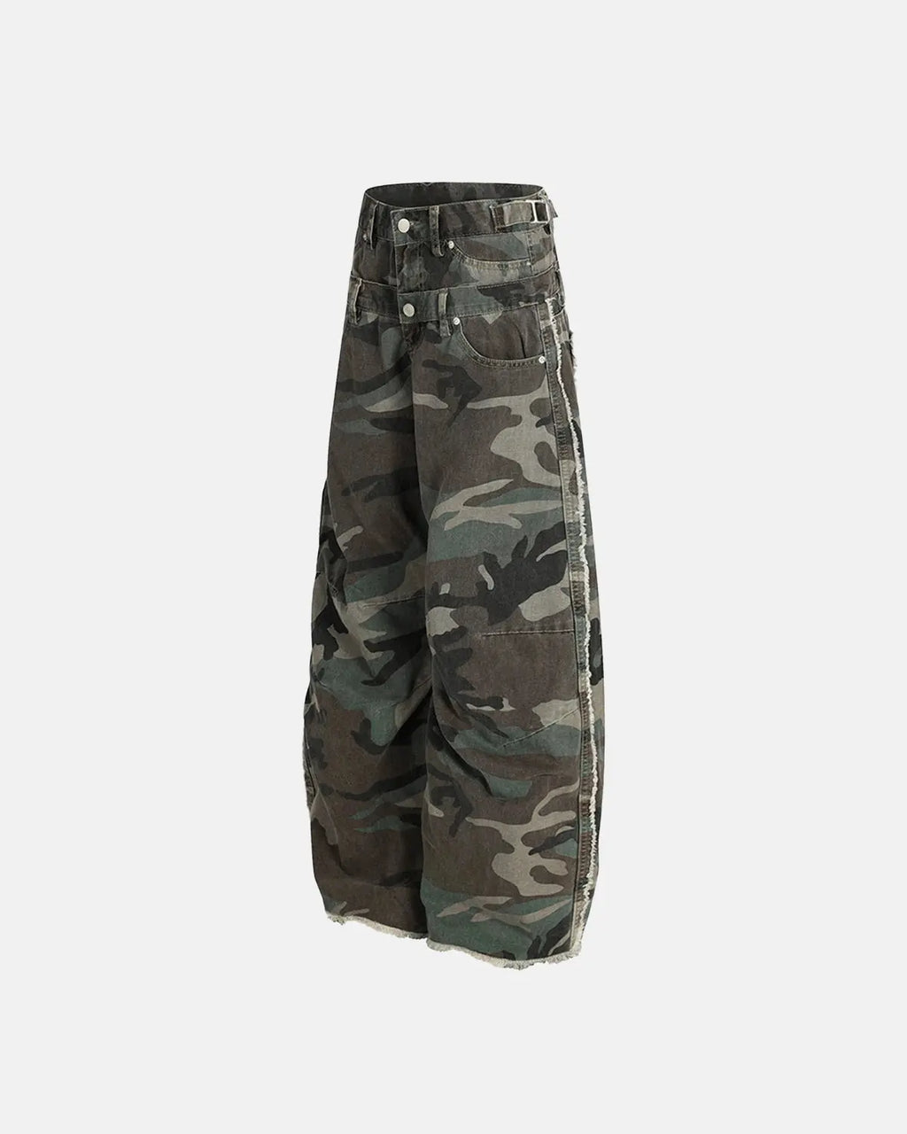 Double waist camo cargo pants by Flation streetwear, featuring a rugged camouflage design and multiple utility pockets.
