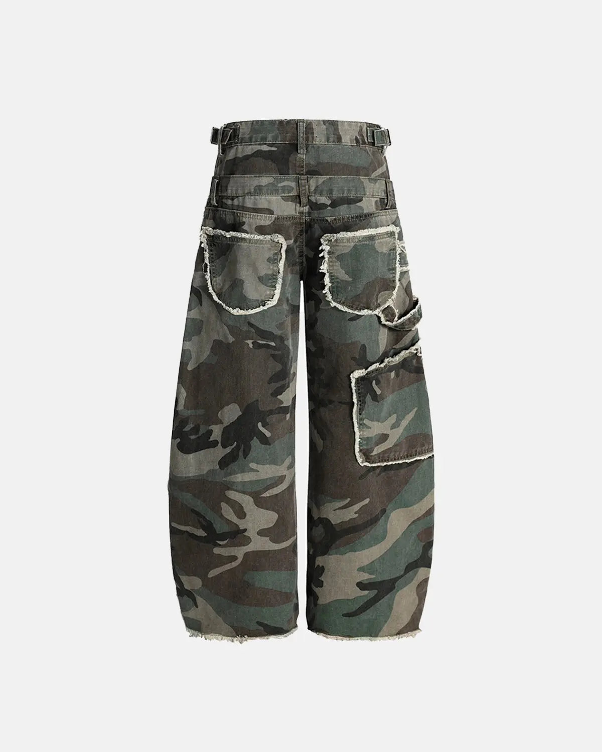Double waist camo cargo pants by Flation Streetwear featuring a rugged camouflage pattern and multiple utility pockets.