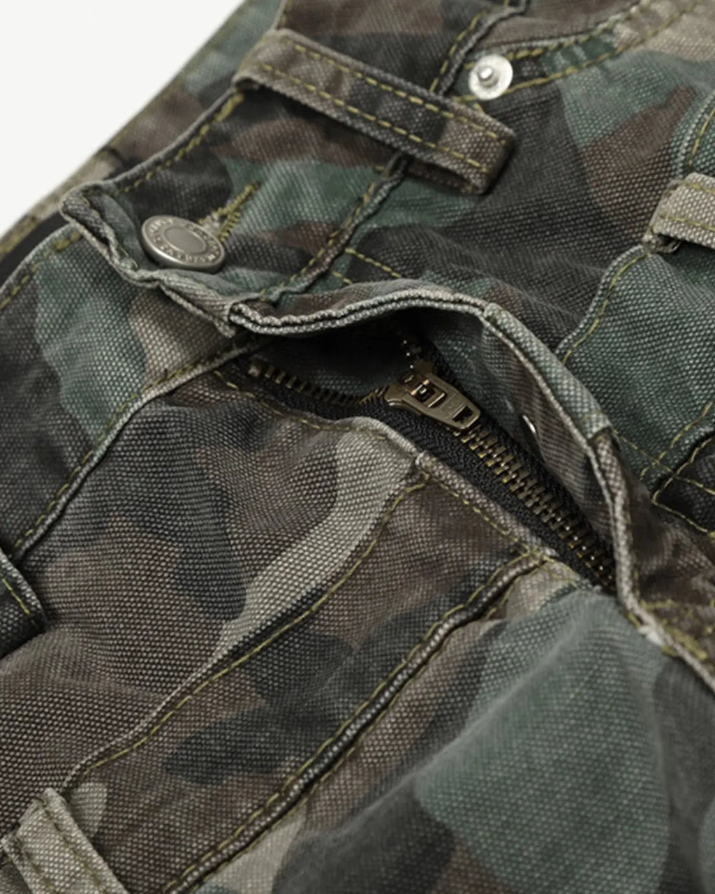 Double waist camo cargo pants by Flation Streetwear featuring a relaxed fit and military-inspired camouflage pattern.