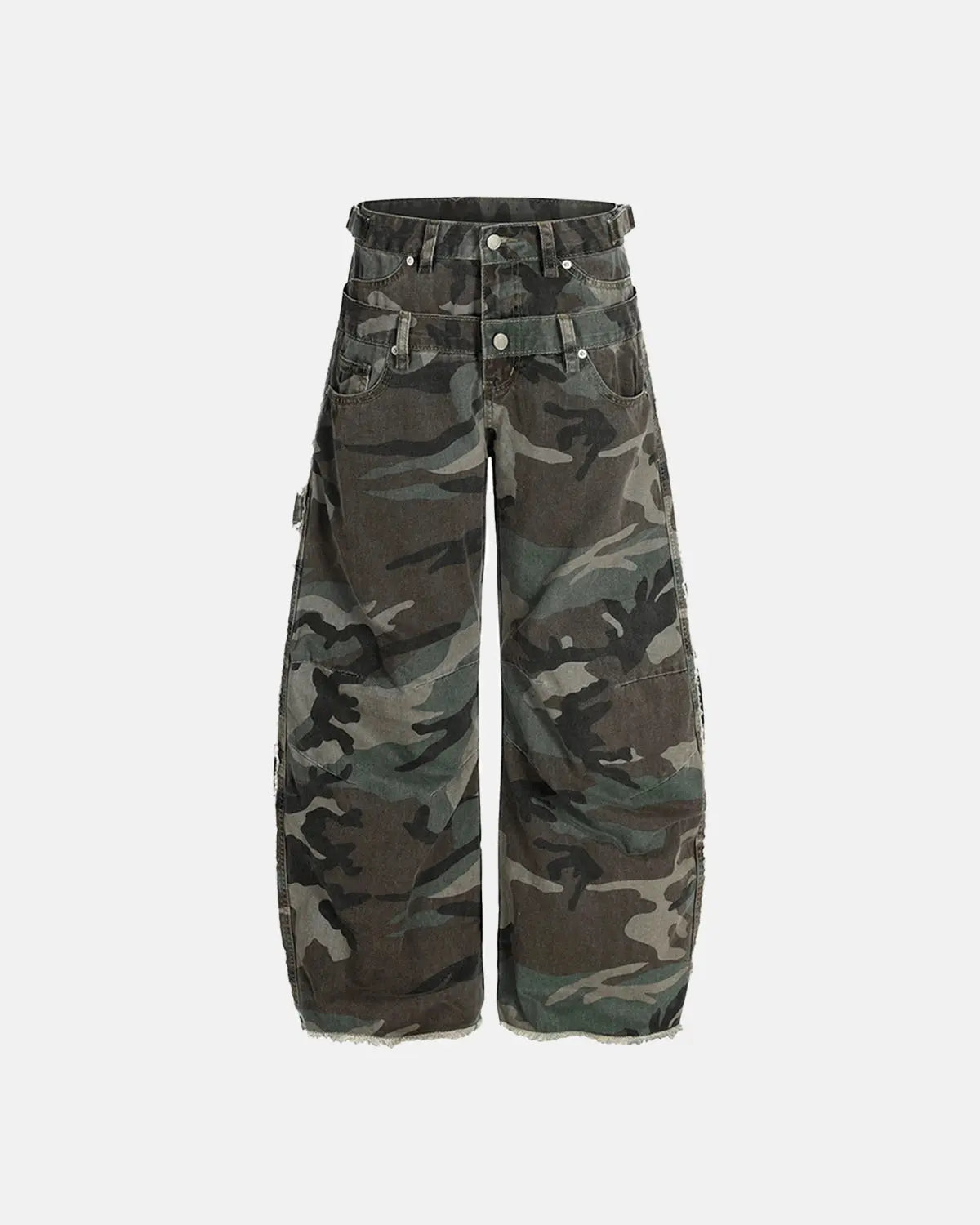 Double waist camo cargo pants by Flation Streetwear featuring a military-style camouflage print and multiple pockets.