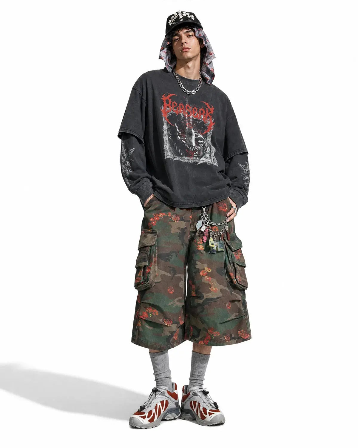 Flation floral camo cargo longline shorts with multiple pockets and relaxed fit, ideal for streetwear fashion.