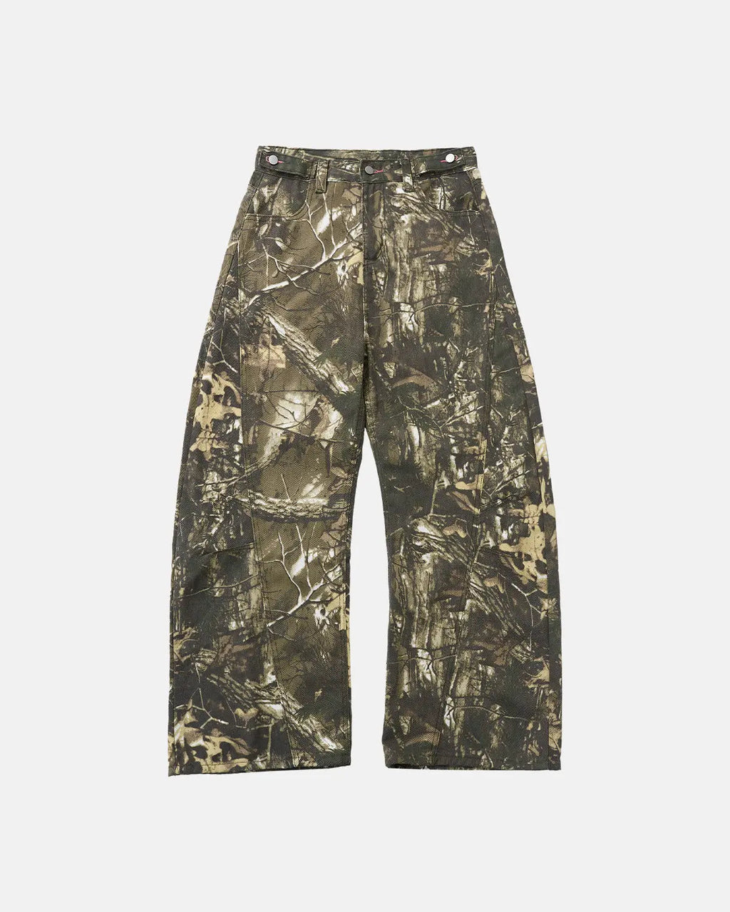 Pink embroidered camo baggy pants from Flation streetwear, featuring a relaxed fit and detailed embroidery on the fabric.
