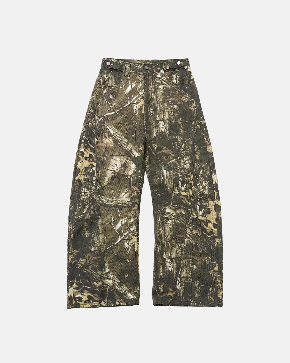 Pink embroidered camo baggy pants from Flation streetwear, featuring a relaxed fit and detailed embroidery on the fabric.